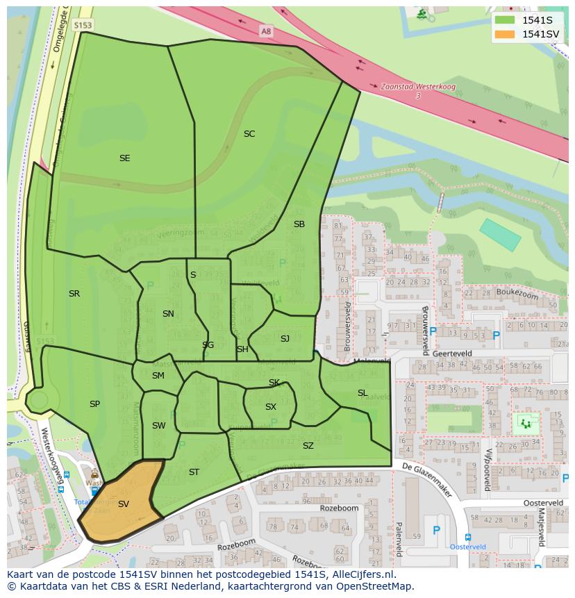 Afbeelding van het postcodegebied 1541 SV op de kaart.