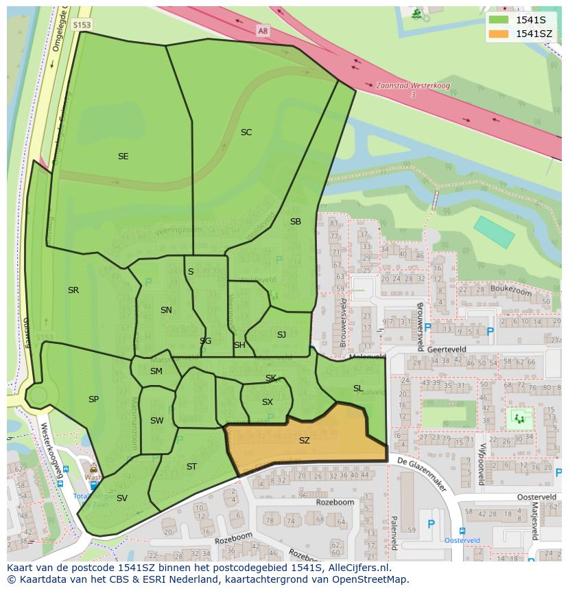 Afbeelding van het postcodegebied 1541 SZ op de kaart.