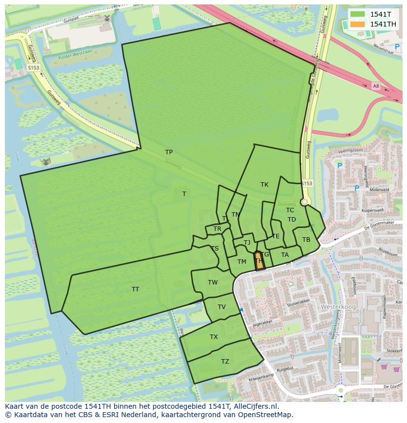 Afbeelding van het postcodegebied 1541 TH op de kaart.