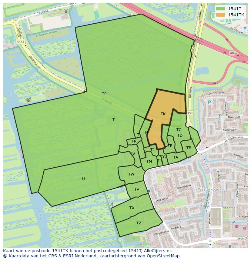 Afbeelding van het postcodegebied 1541 TK op de kaart.