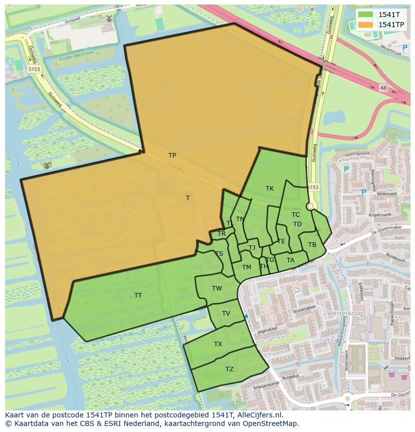 Afbeelding van het postcodegebied 1541 TP op de kaart.