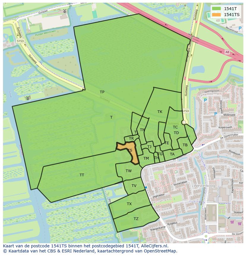 Afbeelding van het postcodegebied 1541 TS op de kaart.