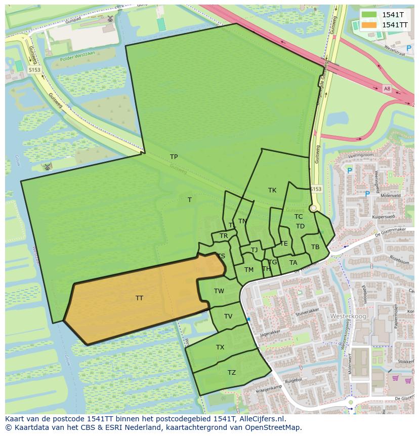Afbeelding van het postcodegebied 1541 TT op de kaart.