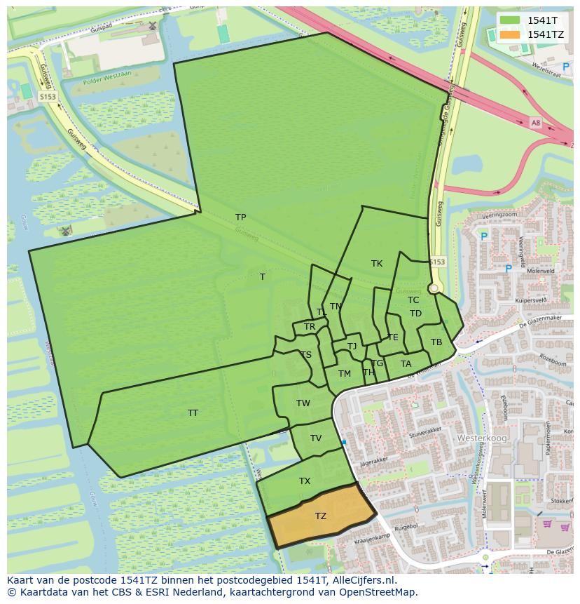 Afbeelding van het postcodegebied 1541 TZ op de kaart.