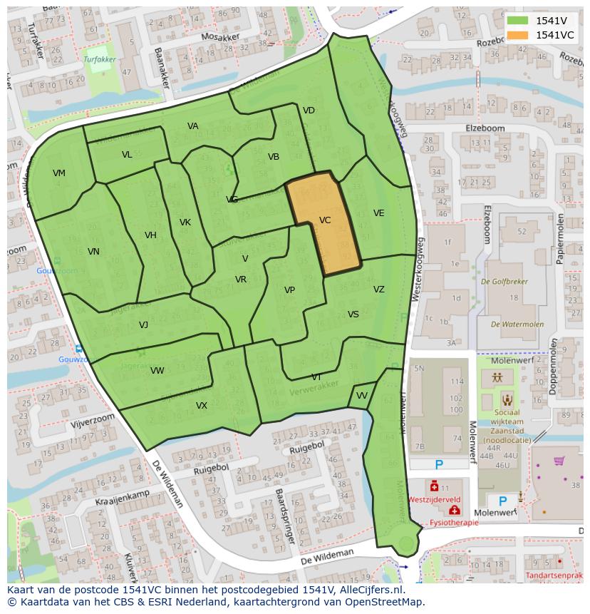 Afbeelding van het postcodegebied 1541 VC op de kaart.