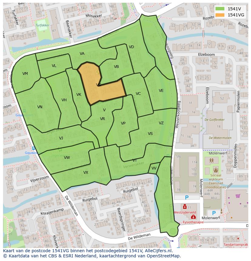 Afbeelding van het postcodegebied 1541 VG op de kaart.