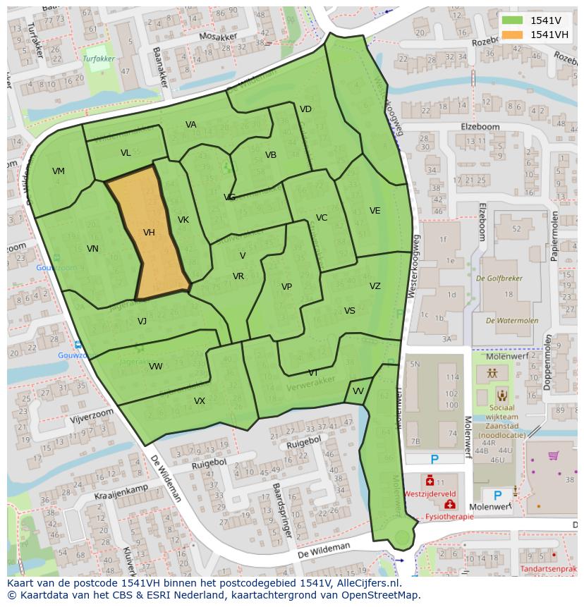 Afbeelding van het postcodegebied 1541 VH op de kaart.