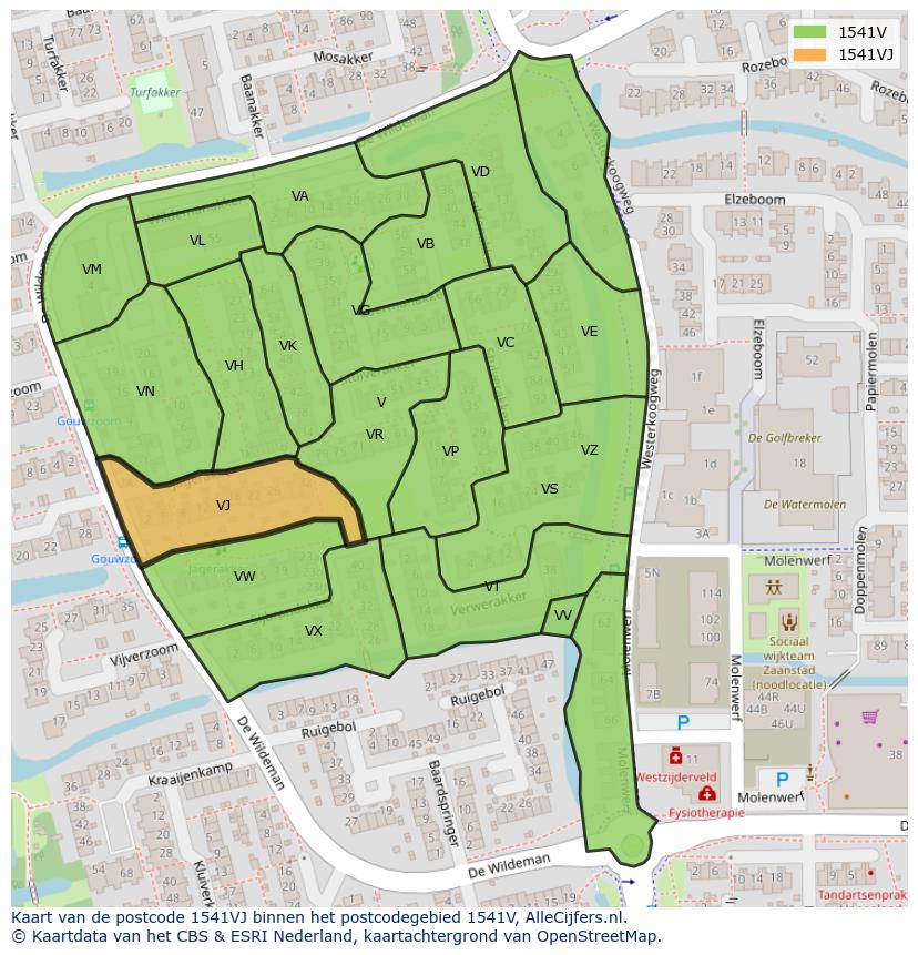 Afbeelding van het postcodegebied 1541 VJ op de kaart.
