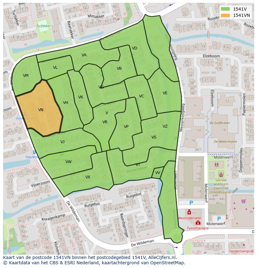 Afbeelding van het postcodegebied 1541 VN op de kaart.
