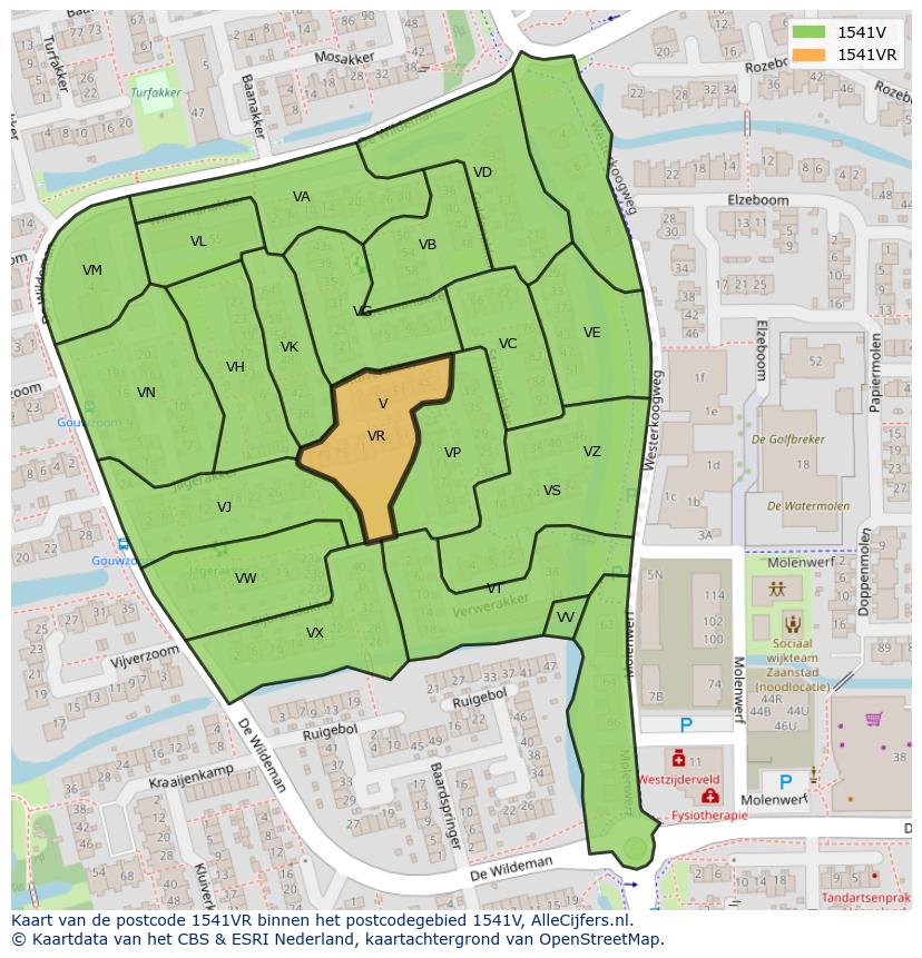 Afbeelding van het postcodegebied 1541 VR op de kaart.