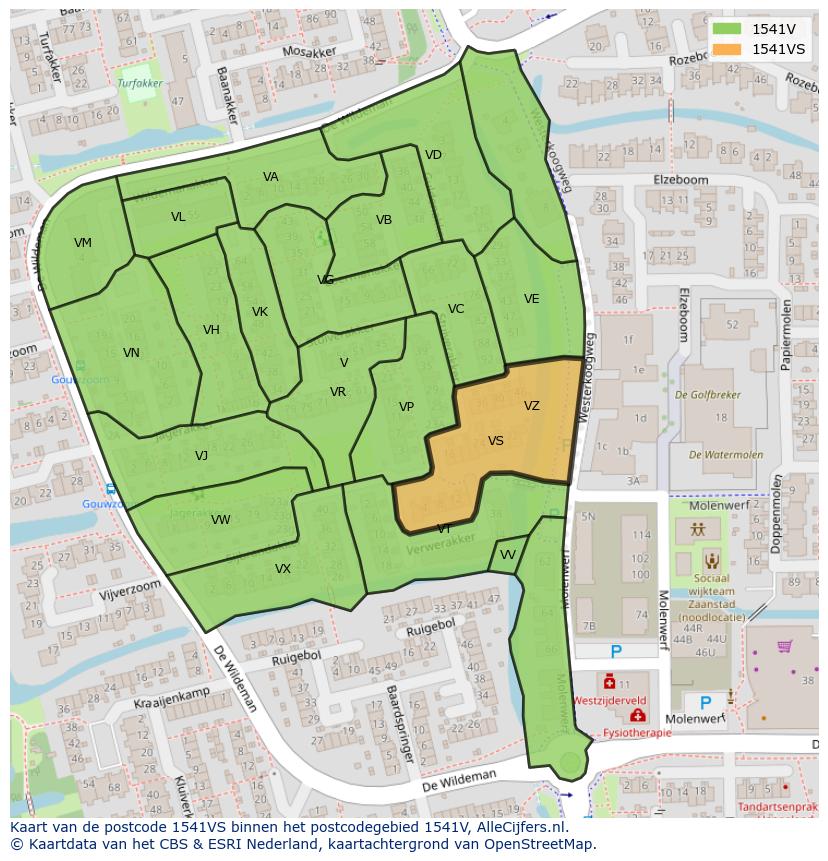 Afbeelding van het postcodegebied 1541 VS op de kaart.