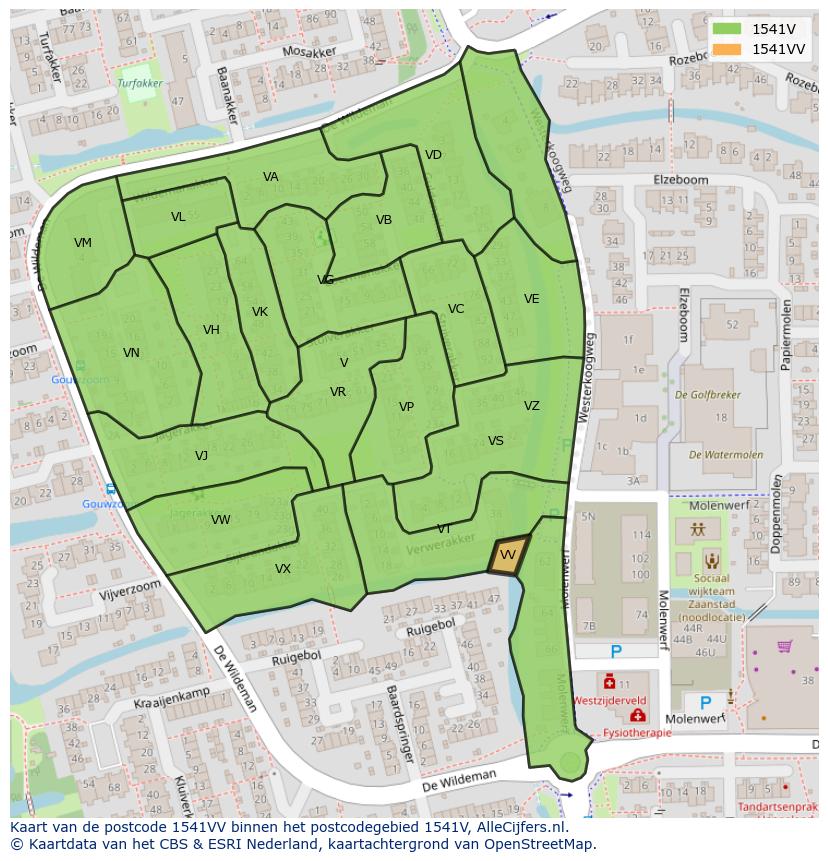 Afbeelding van het postcodegebied 1541 VV op de kaart.