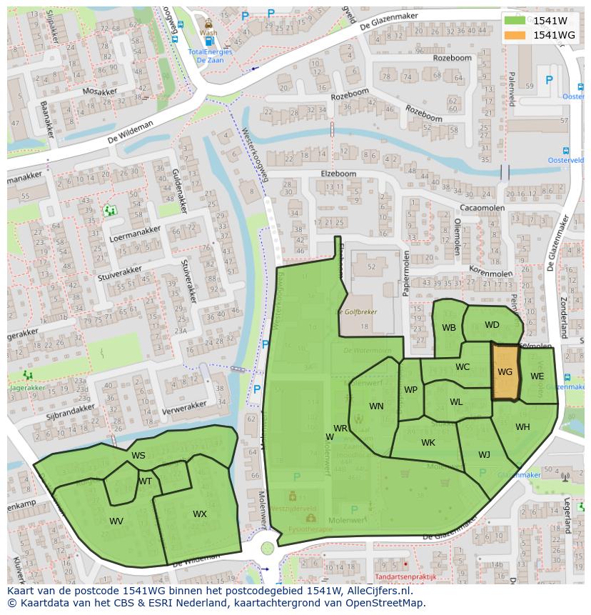 Afbeelding van het postcodegebied 1541 WG op de kaart.