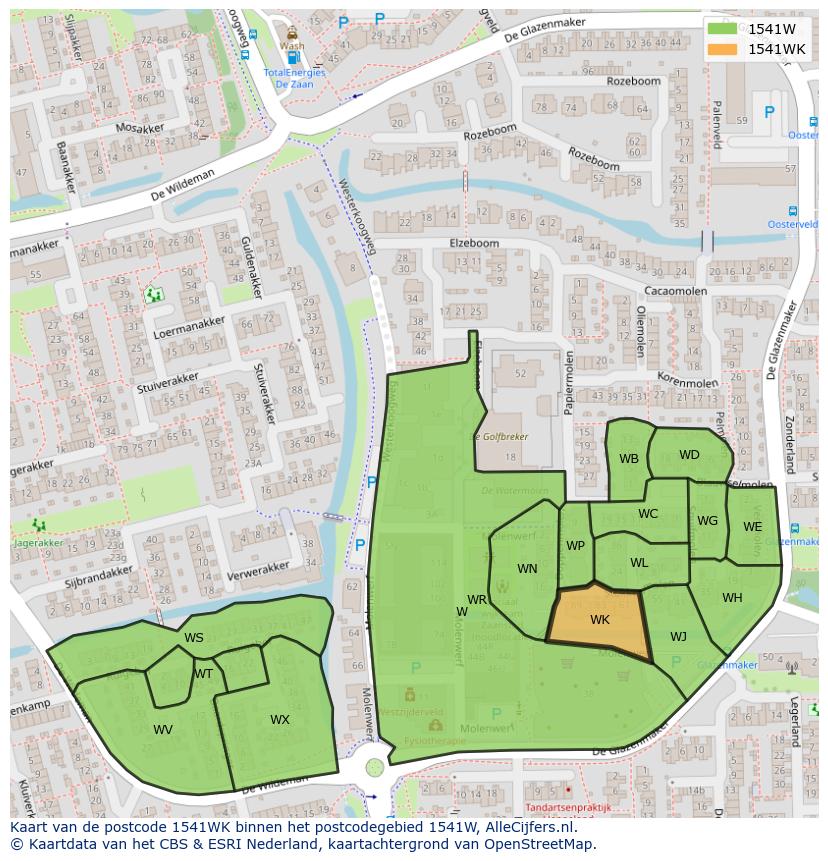 Afbeelding van het postcodegebied 1541 WK op de kaart.