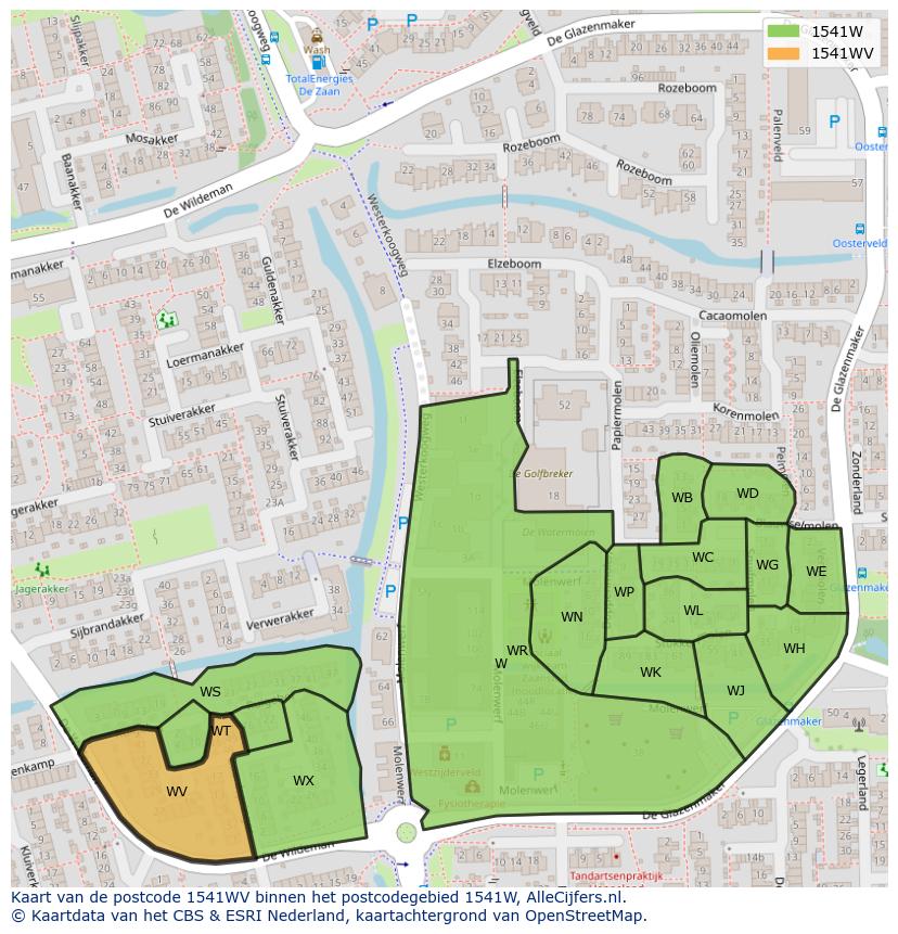 Afbeelding van het postcodegebied 1541 WV op de kaart.