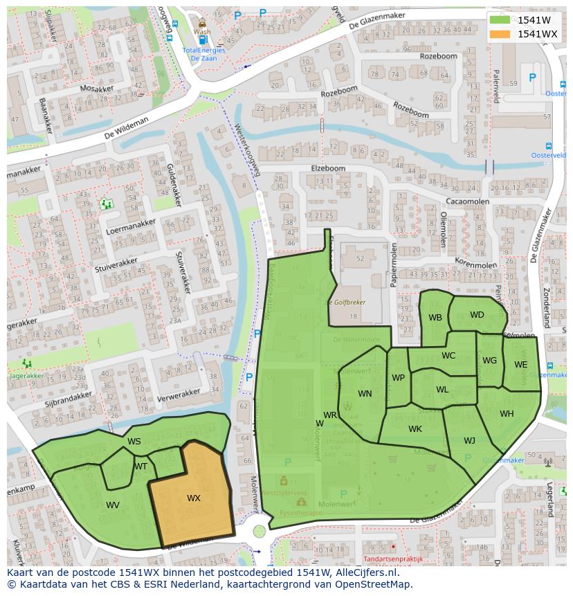 Afbeelding van het postcodegebied 1541 WX op de kaart.