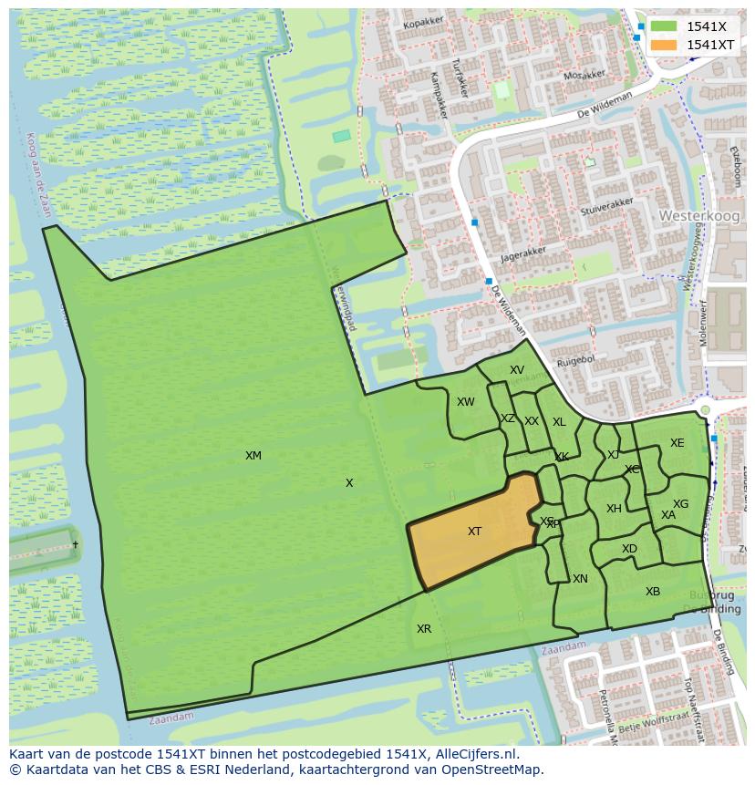 Afbeelding van het postcodegebied 1541 XT op de kaart.