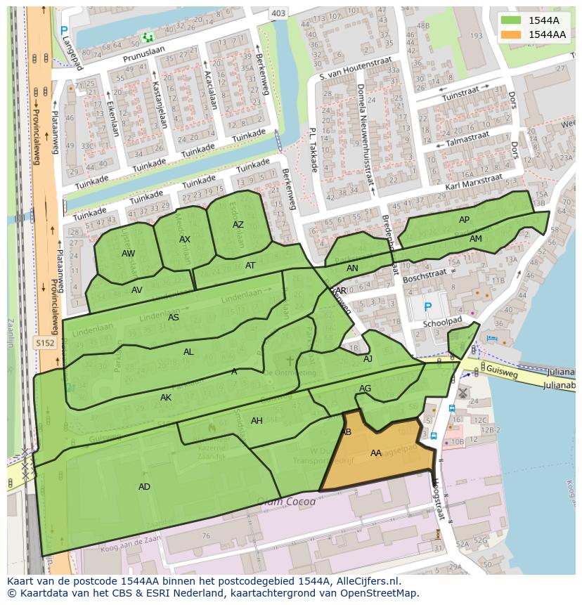 Afbeelding van het postcodegebied 1544 AA op de kaart.