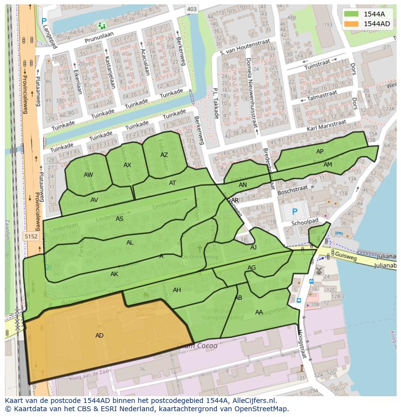 Afbeelding van het postcodegebied 1544 AD op de kaart.