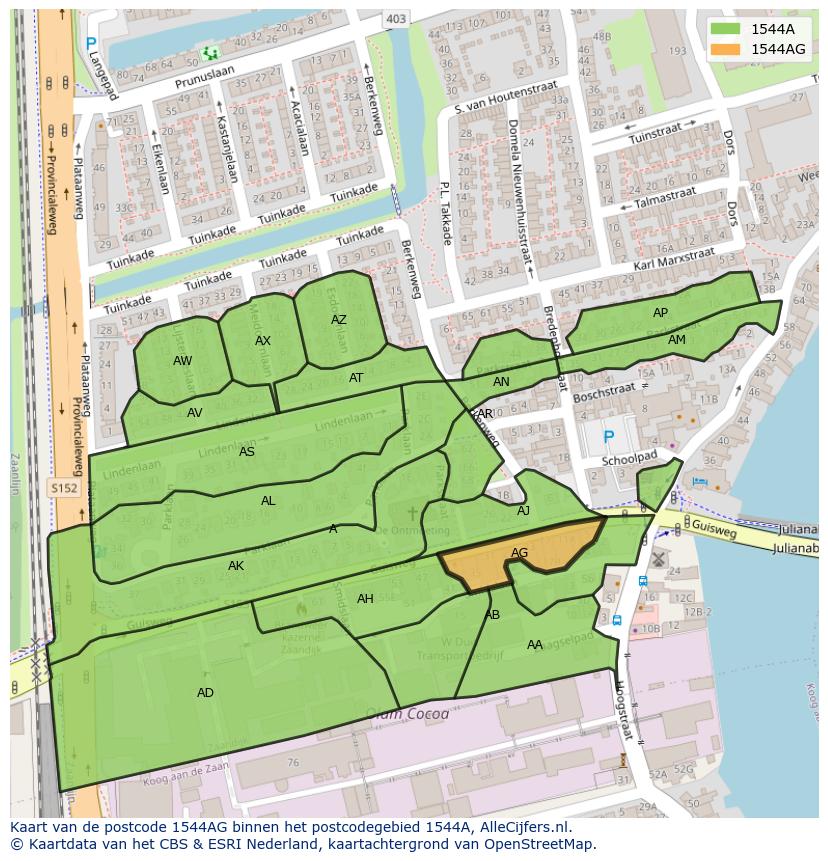Afbeelding van het postcodegebied 1544 AG op de kaart.