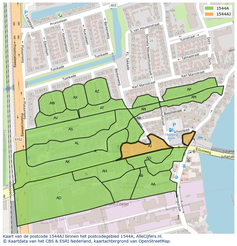 Afbeelding van het postcodegebied 1544 AJ op de kaart.