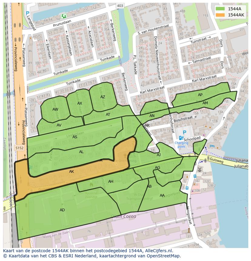 Afbeelding van het postcodegebied 1544 AK op de kaart.