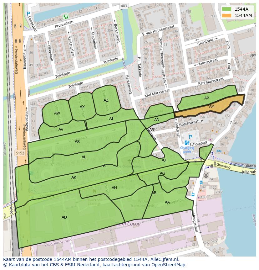 Afbeelding van het postcodegebied 1544 AM op de kaart.