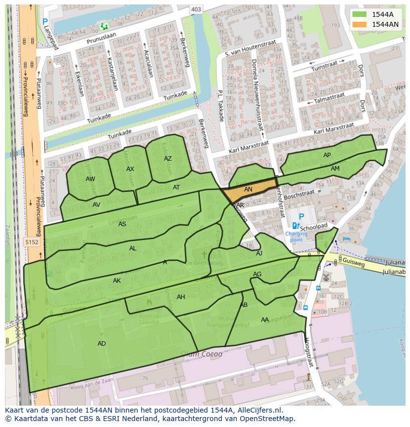 Afbeelding van het postcodegebied 1544 AN op de kaart.