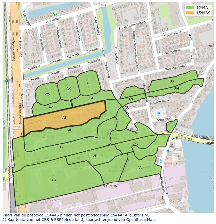 Afbeelding van het postcodegebied 1544 AS op de kaart.