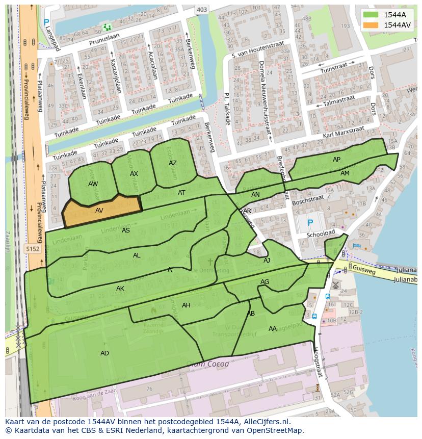 Afbeelding van het postcodegebied 1544 AV op de kaart.
