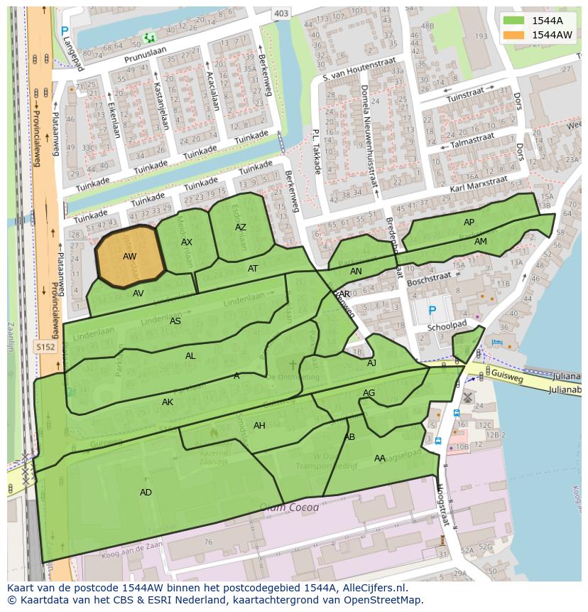 Afbeelding van het postcodegebied 1544 AW op de kaart.