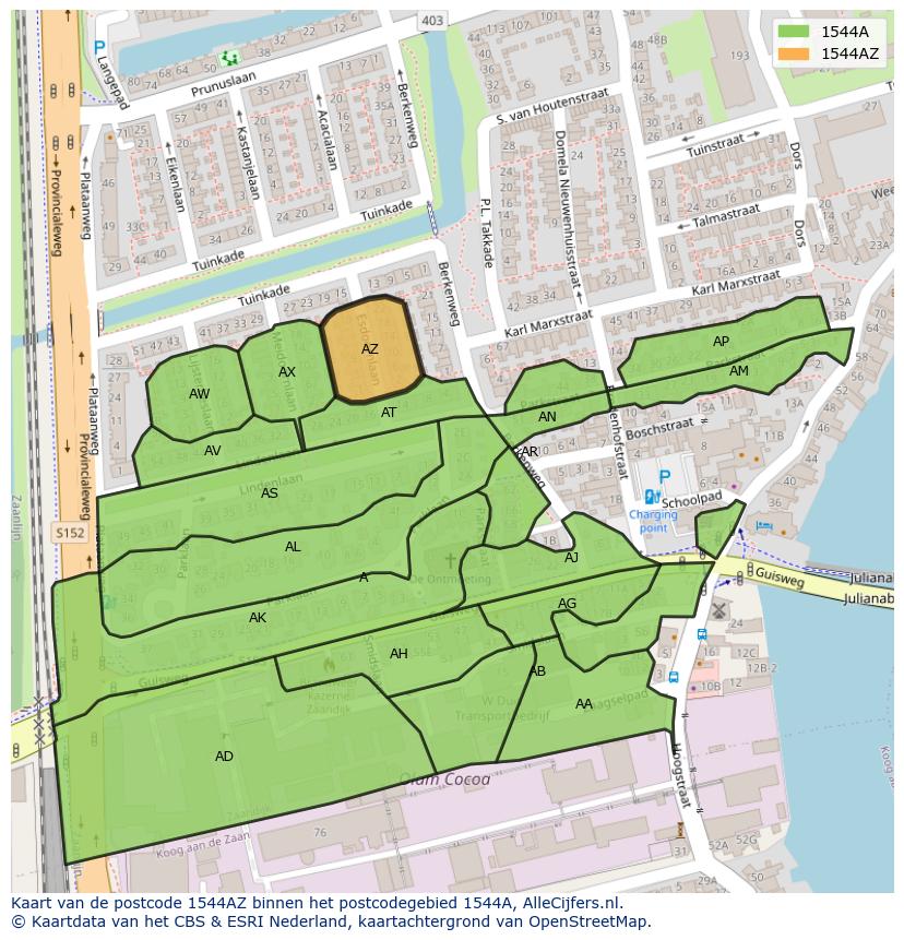 Afbeelding van het postcodegebied 1544 AZ op de kaart.