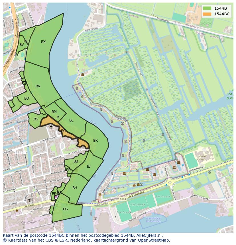 Afbeelding van het postcodegebied 1544 BC op de kaart.