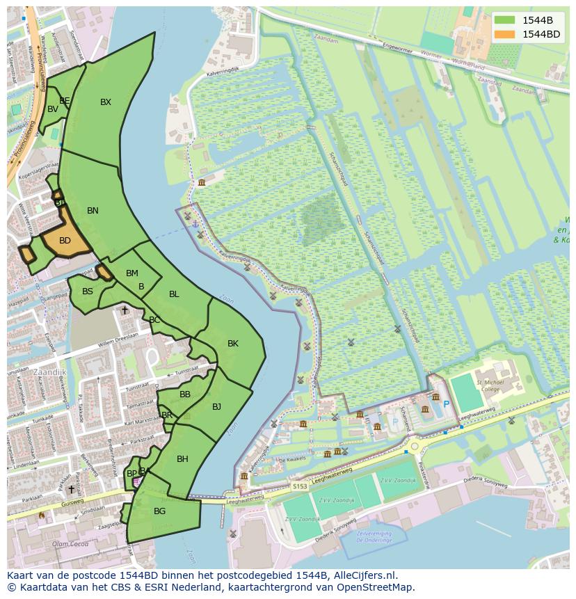 Afbeelding van het postcodegebied 1544 BD op de kaart.