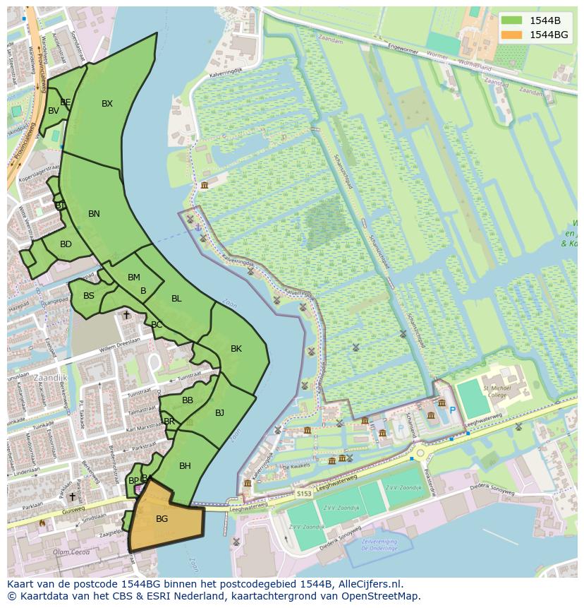 Afbeelding van het postcodegebied 1544 BG op de kaart.