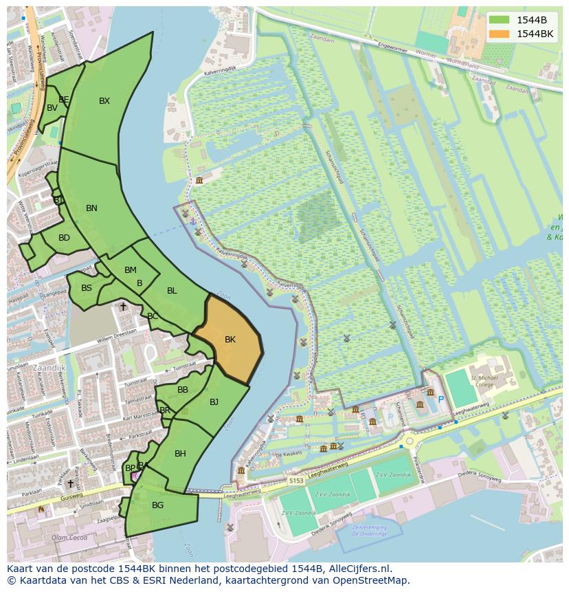 Afbeelding van het postcodegebied 1544 BK op de kaart.