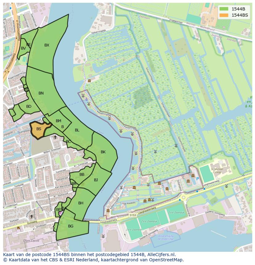 Afbeelding van het postcodegebied 1544 BS op de kaart.