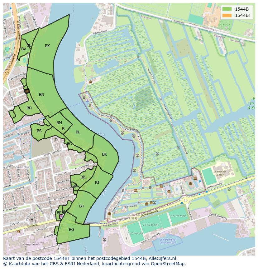 Afbeelding van het postcodegebied 1544 BT op de kaart.
