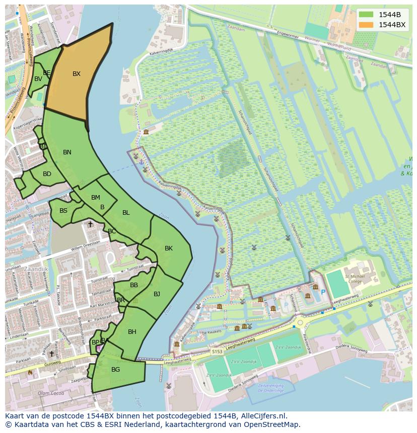 Afbeelding van het postcodegebied 1544 BX op de kaart.