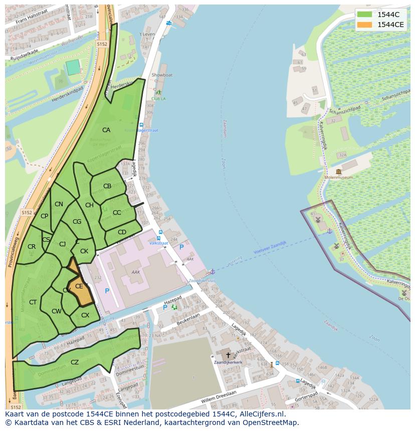 Afbeelding van het postcodegebied 1544 CE op de kaart.