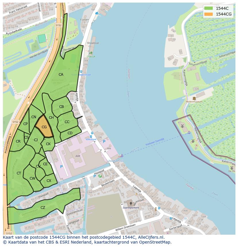 Afbeelding van het postcodegebied 1544 CG op de kaart.