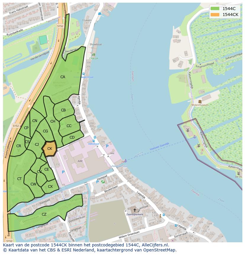 Afbeelding van het postcodegebied 1544 CK op de kaart.