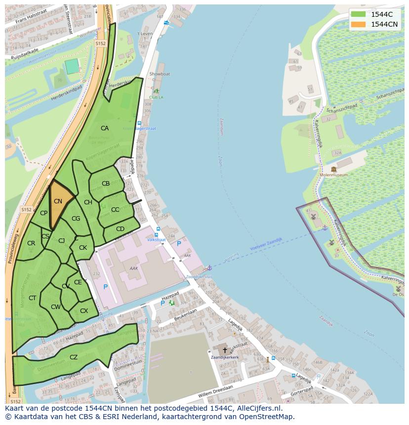 Afbeelding van het postcodegebied 1544 CN op de kaart.