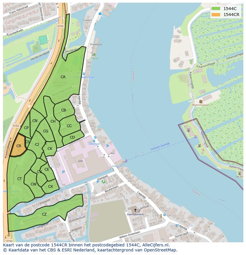Afbeelding van het postcodegebied 1544 CR op de kaart.