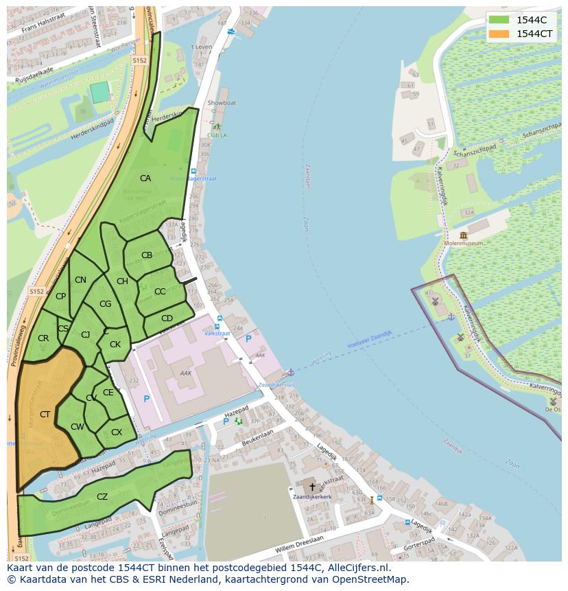 Afbeelding van het postcodegebied 1544 CT op de kaart.
