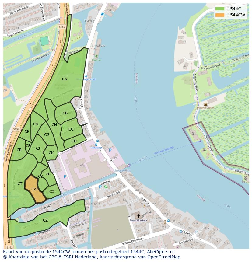 Afbeelding van het postcodegebied 1544 CW op de kaart.