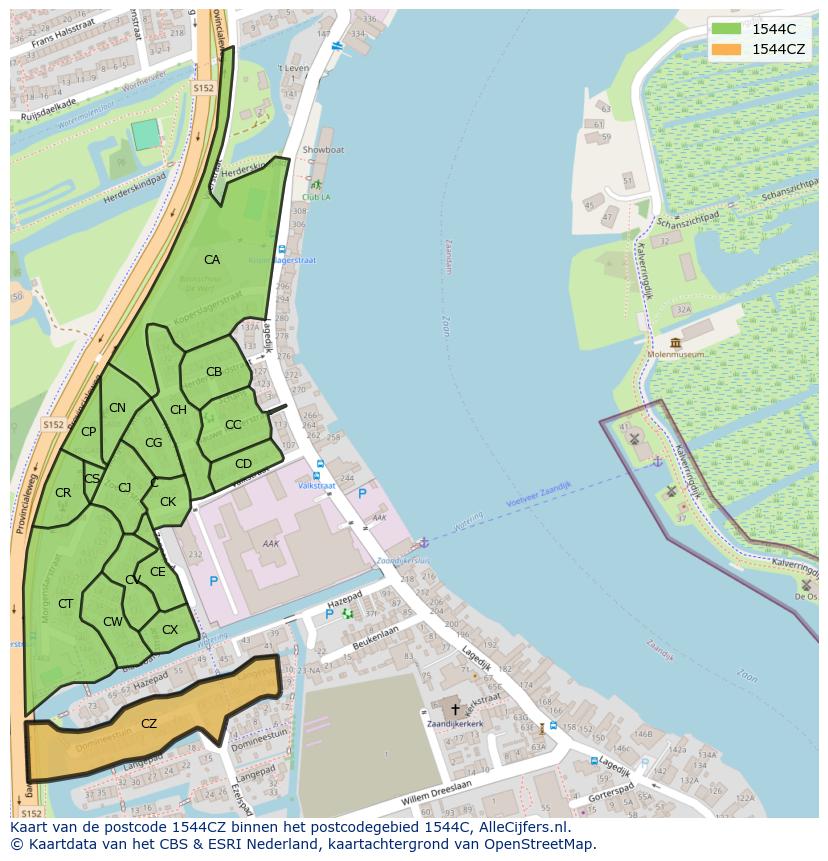 Afbeelding van het postcodegebied 1544 CZ op de kaart.