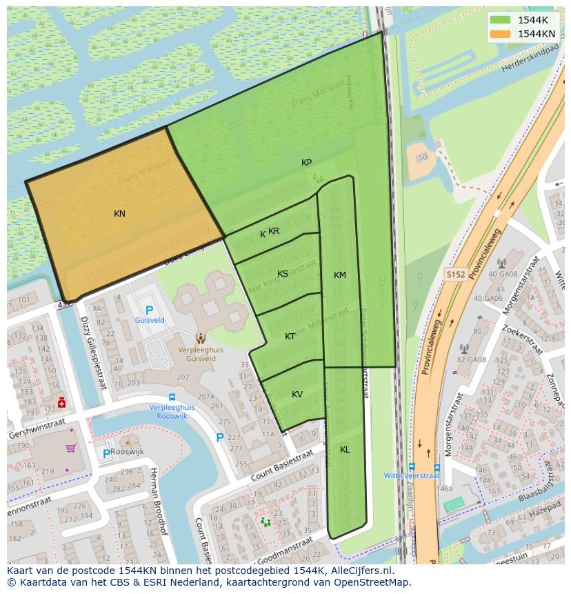 Afbeelding van het postcodegebied 1544 KN op de kaart.
