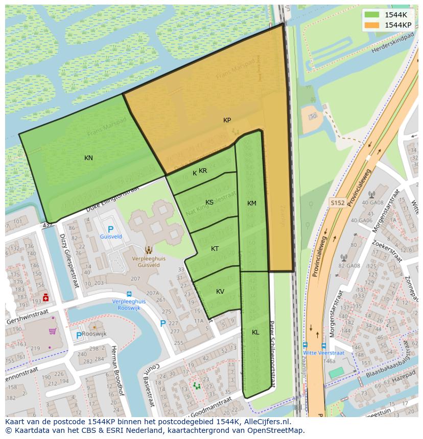 Afbeelding van het postcodegebied 1544 KP op de kaart.