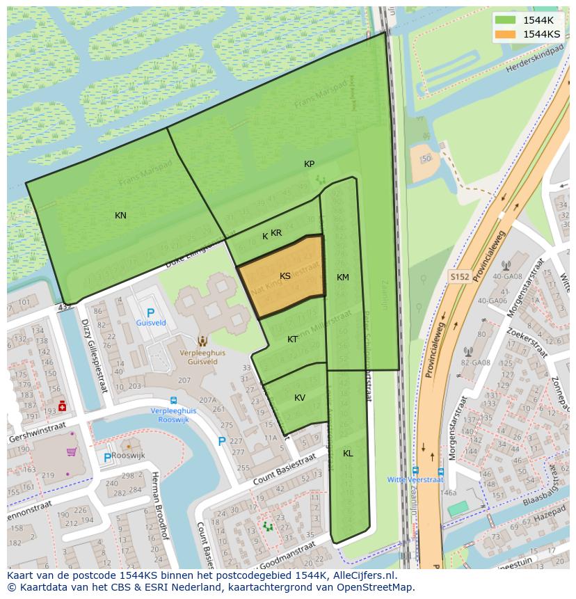 Afbeelding van het postcodegebied 1544 KS op de kaart.